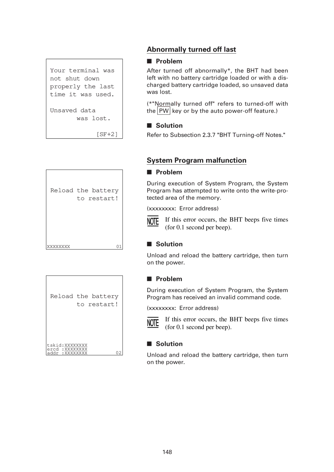 Denso BHT-7500S, BHT-7500W user manual Abnormally turned off last, System Program malfunction 