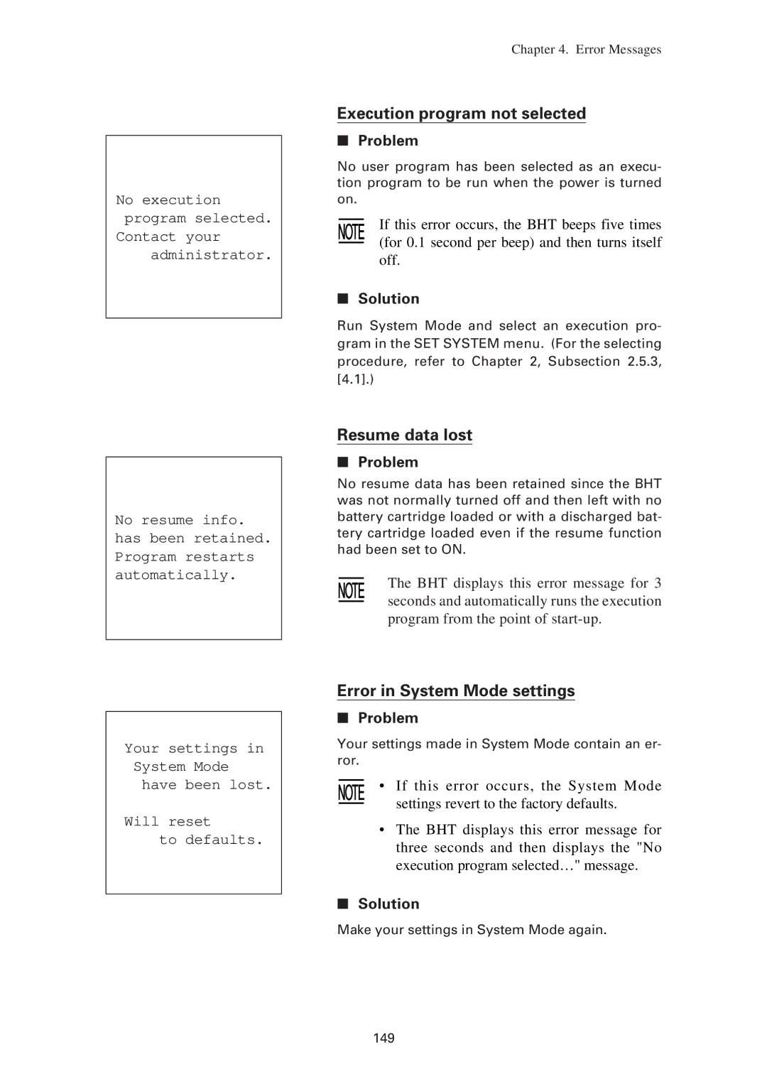 Denso BHT-7500W, BHT-7500S user manual Execution program not selected, Resume data lost, Error in System Mode settings 