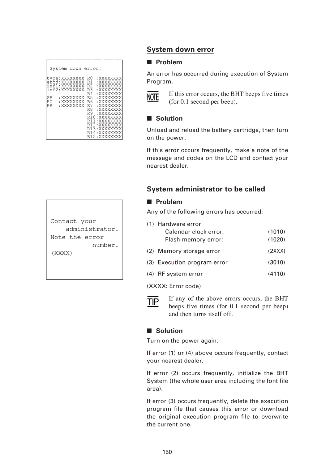 Denso BHT-7500S, BHT-7500W user manual System down error, System administrator to be called 