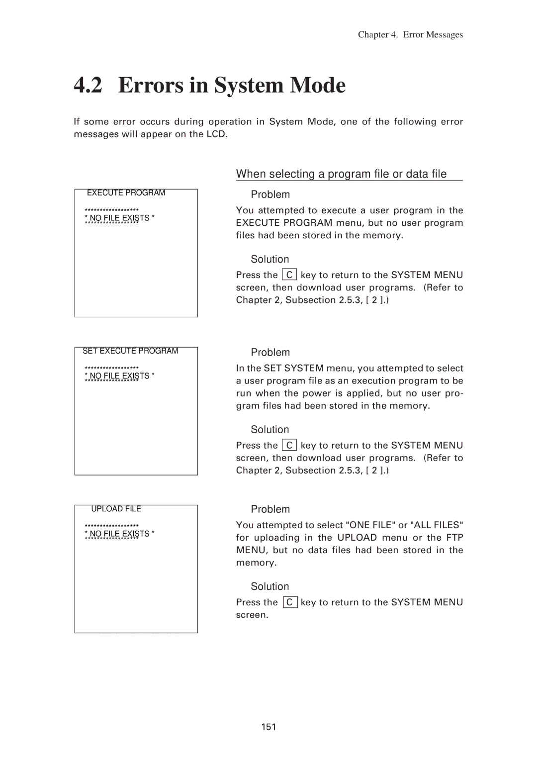 Denso BHT-7500W, BHT-7500S user manual Errors in System Mode, When selecting a program file or data file 