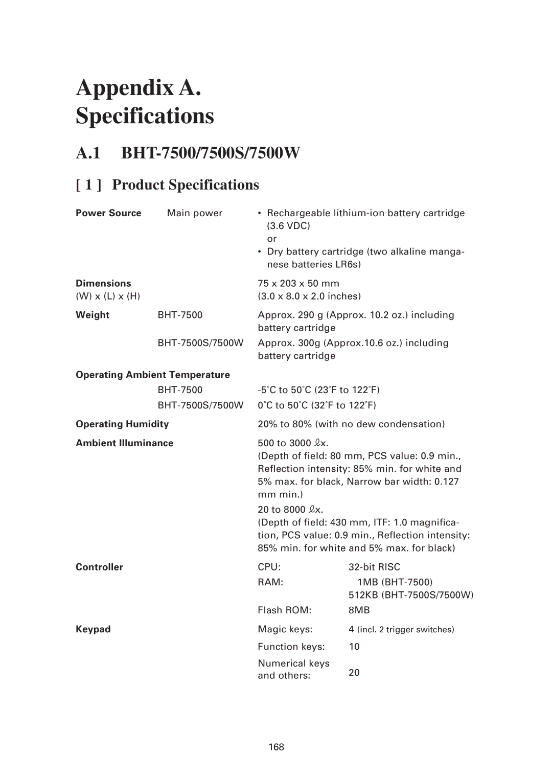 Denso BHT-7500S, BHT-7500W user manual Appendix a Specifications, BHT-7500/7500S/7500W, Product Specifications 