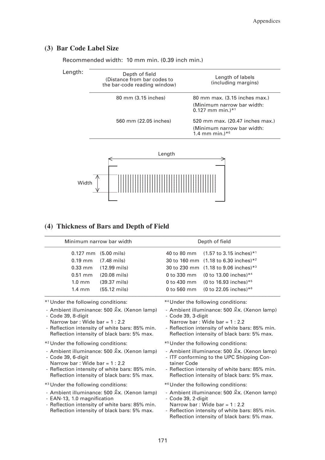 Denso BHT-7500W, BHT-7500S user manual Bar Code Label Size, Thickness of Bars and Depth of Field 