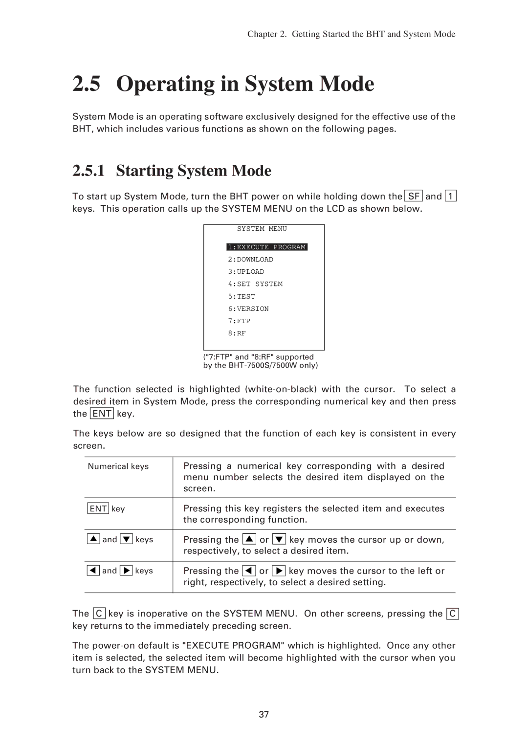 Denso BHT-7500W, BHT-7500S user manual Operating in System Mode, Starting System Mode 