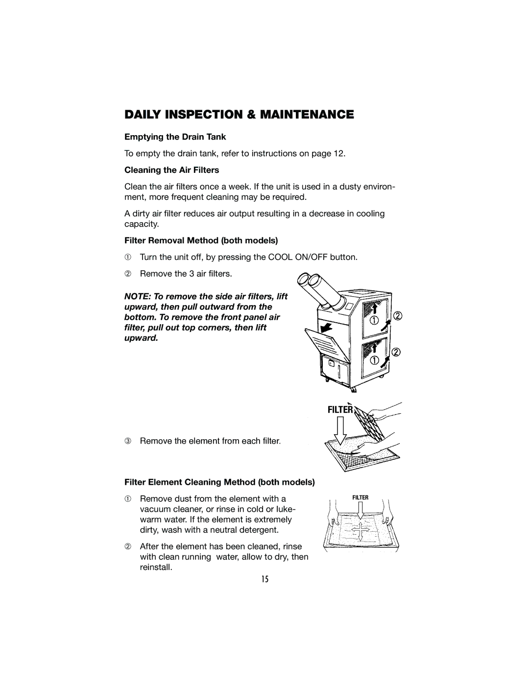 Denso CLASSIC PLUS 14 Daily Inspection & Maintenance, Cleaning the Air Filters, Filter Removal Method both models 