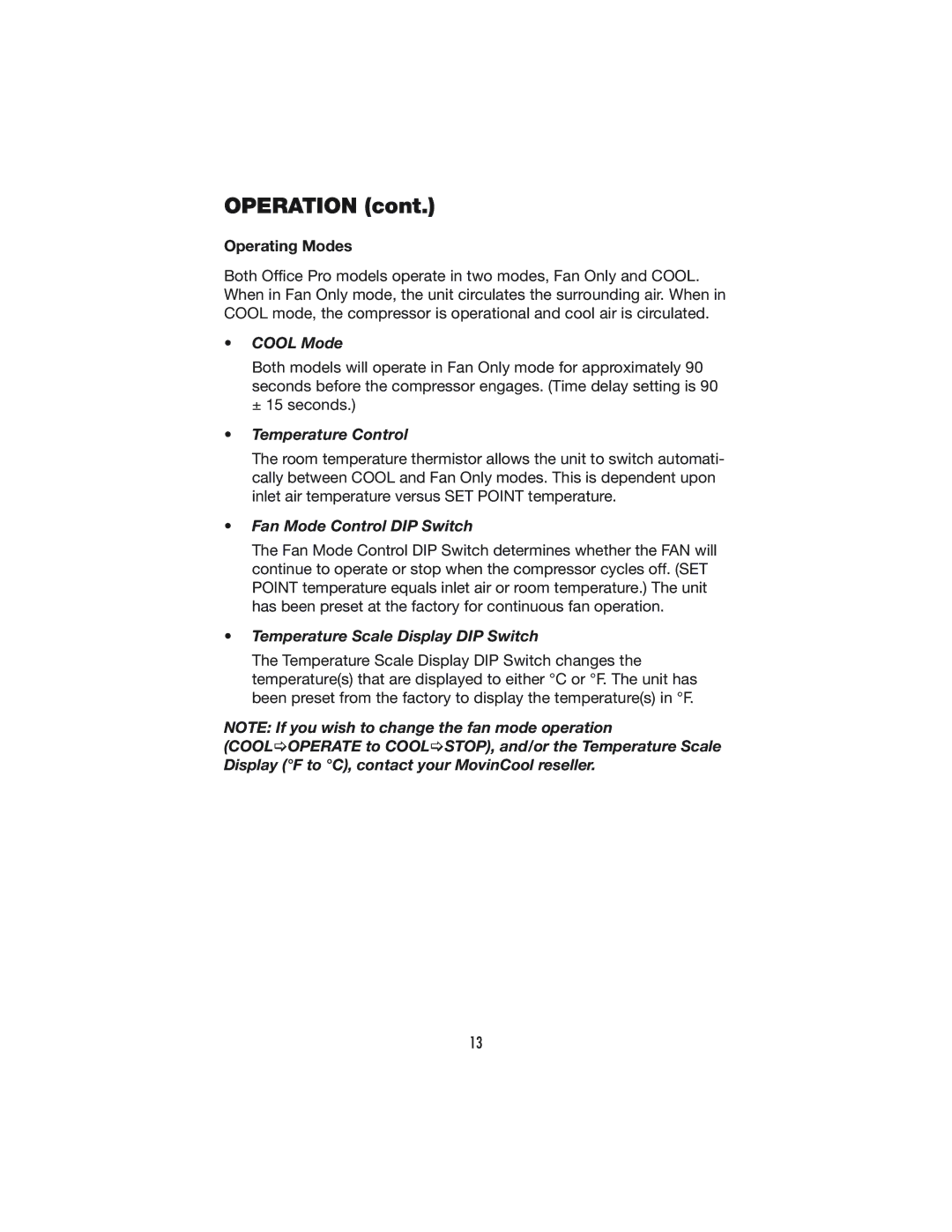 Denso OFFICE PRO 24, OFFICE PRO 12 Operating Modes, Cool Mode, Temperature Control, Fan Mode Control DIP Switch 