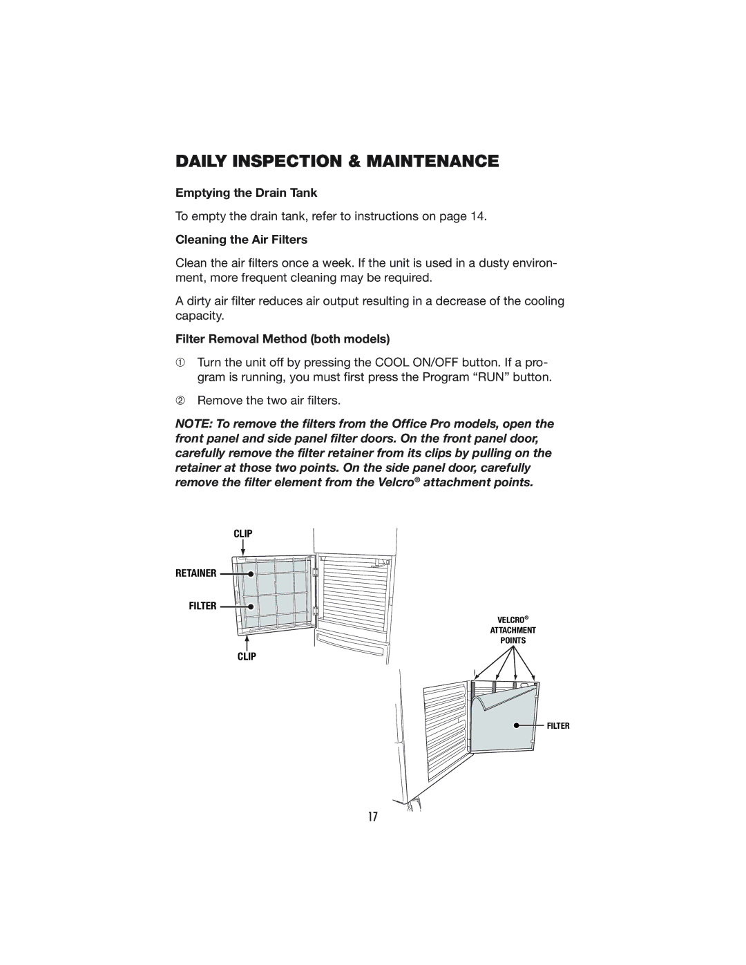 Denso OFFICE PRO 24 Daily Inspection & Maintenance, Cleaning the Air Filters, Filter Removal Method both models 