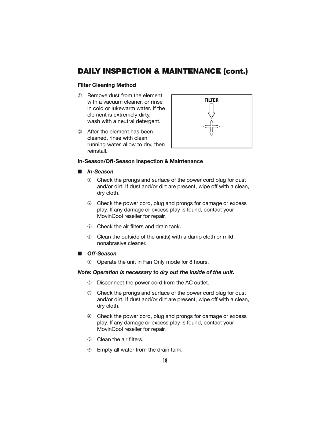 Denso OFFICE PRO 12, OFFICE PRO 24 Daily Inspection & Maintenance, Filter Cleaning Method, In-Season, Off-Season 