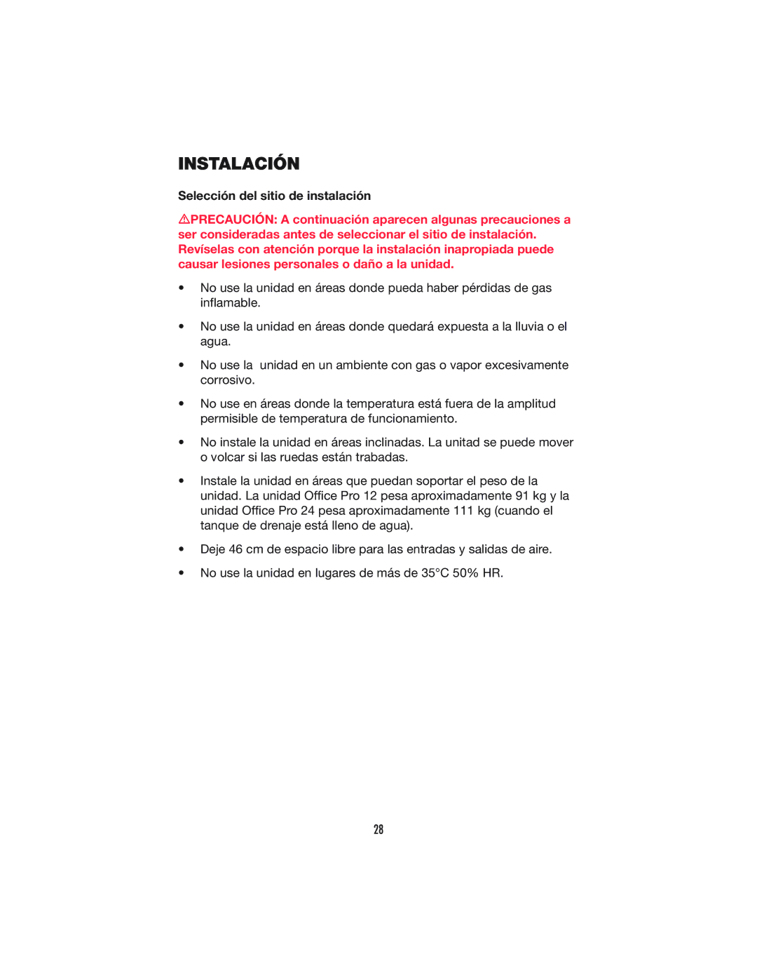 Denso OFFICE PRO 12, OFFICE PRO 24 operation manual Instalación, Selección del sitio de instalación 