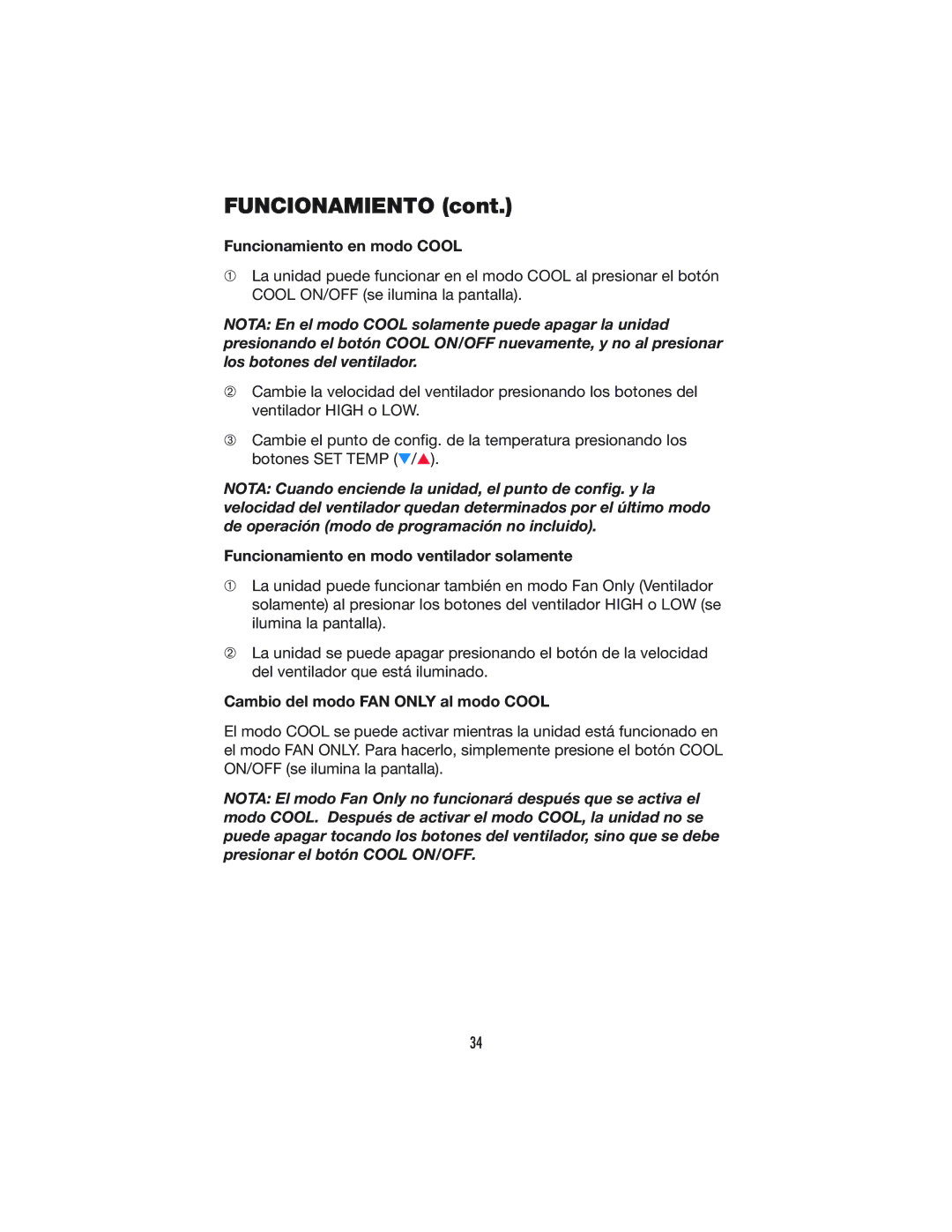 Denso OFFICE PRO 12, OFFICE PRO 24 operation manual Funcionamiento en modo Cool, Funcionamiento en modo ventilador solamente 