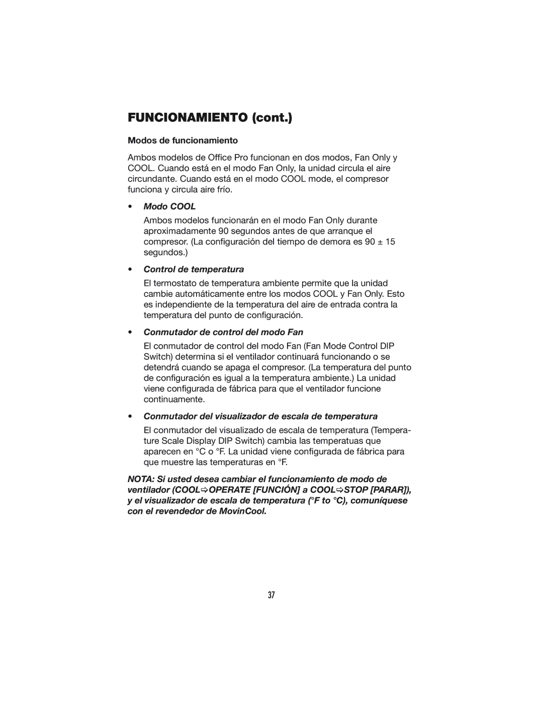 Denso OFFICE PRO 24, OFFICE PRO 12 operation manual Modo Cool, Control de temperatura, Conmutador de control del modo Fan 