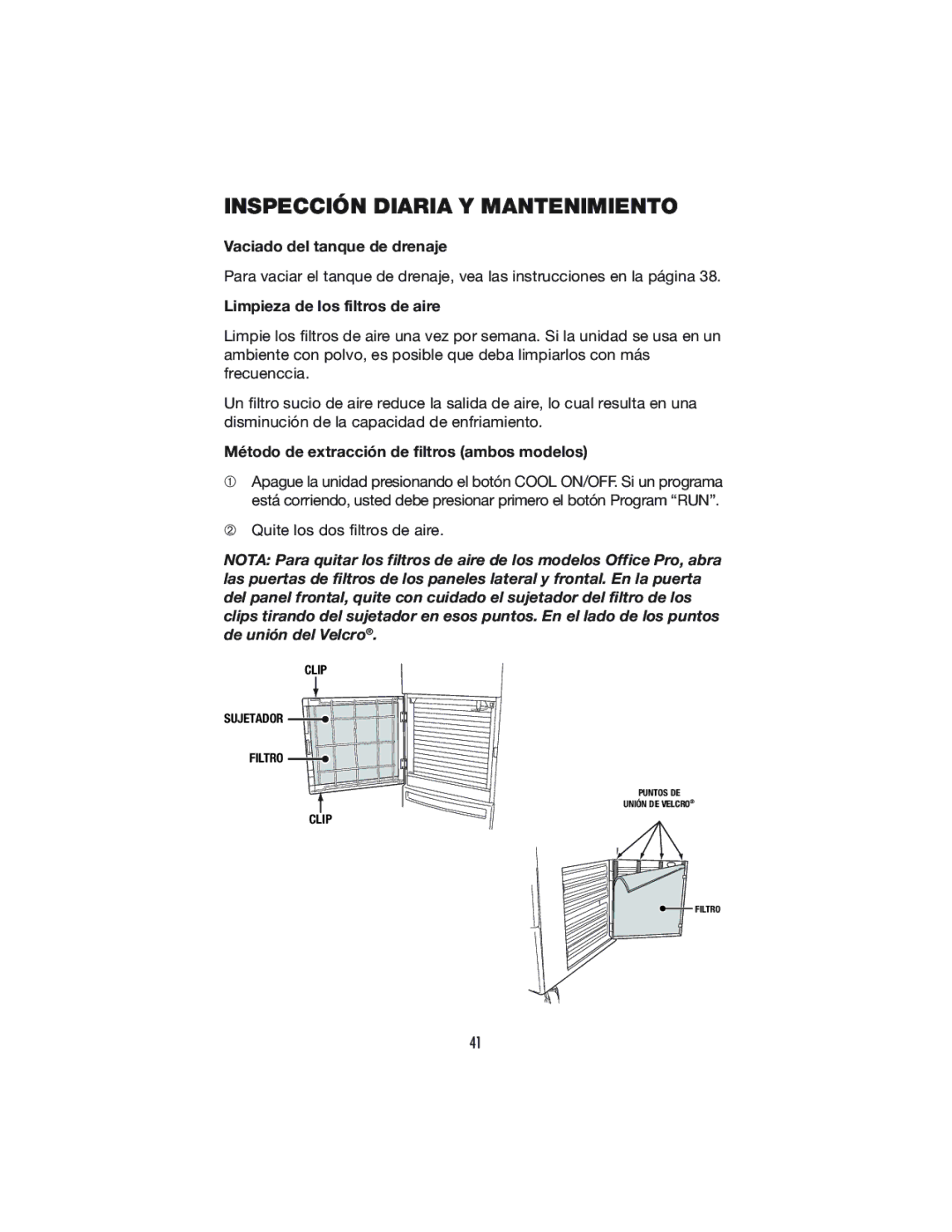 Denso OFFICE PRO 24, OFFICE PRO 12 operation manual Inspección Diaria Y Mantenimiento, Vaciado del tanque de drenaje 