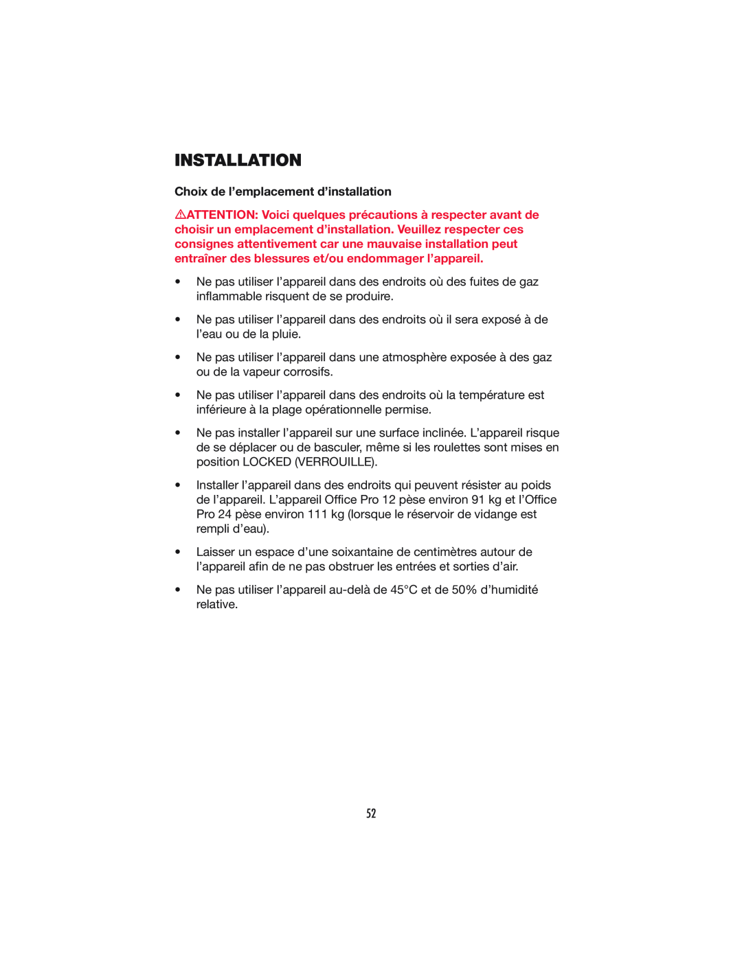 Denso OFFICE PRO 12, OFFICE PRO 24 operation manual Installation, Choix de l’emplacement d’installation 