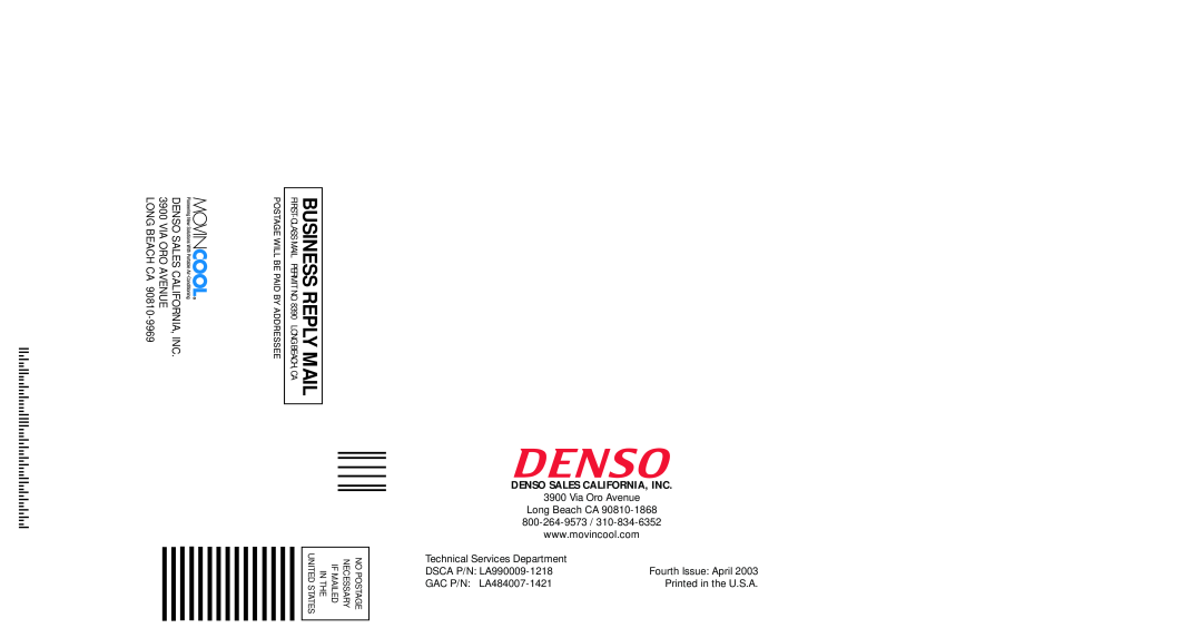 Denso OFFICE PRO 12 Denso Sales California, Inc, Via Oro Avenue, Technical Services Department, DSCA P/N LA990009-1218 