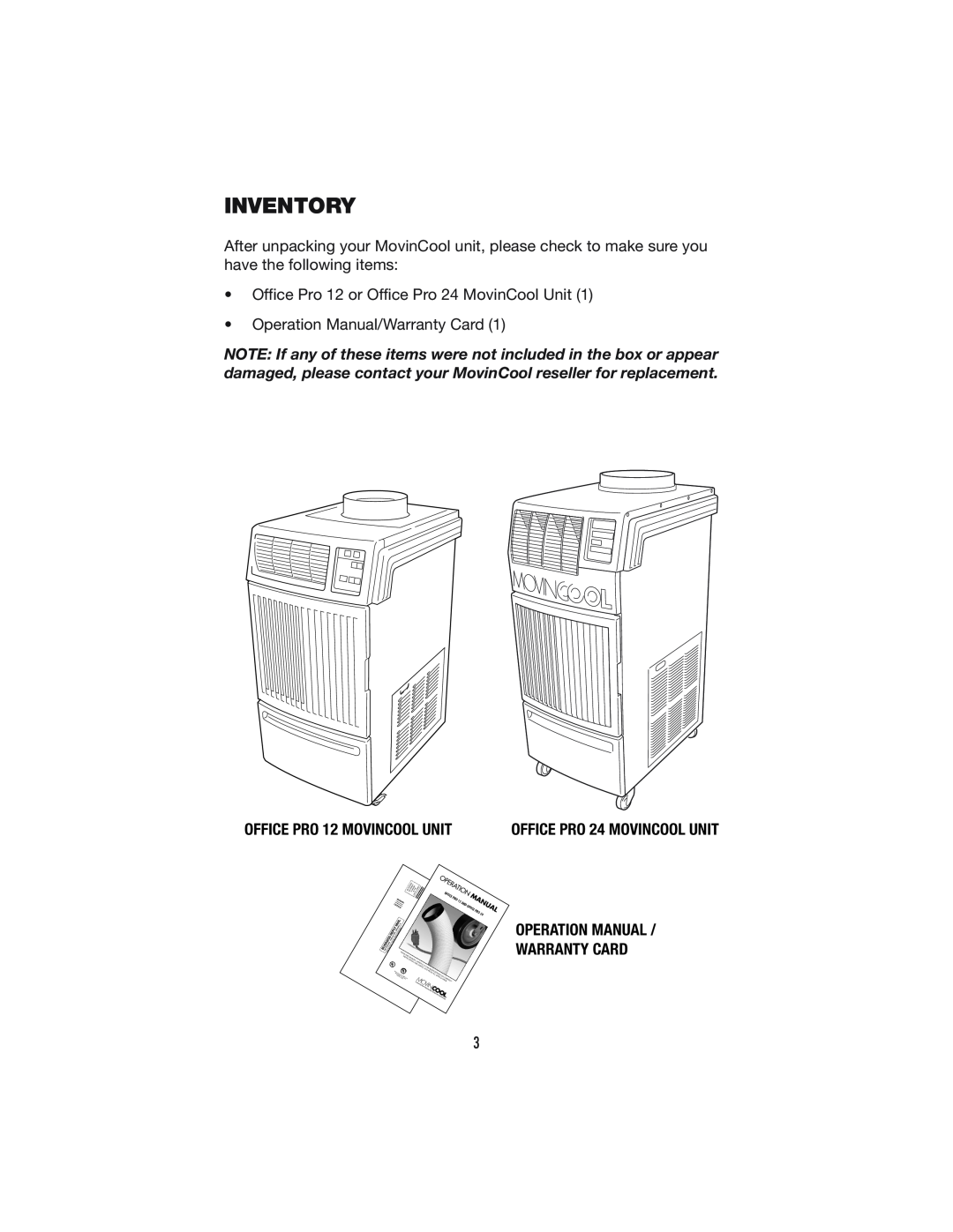Denso OFFICE PRO 24 operation manual Inventory, OFFICE PRO 12 MOVINCOOL UNIT 