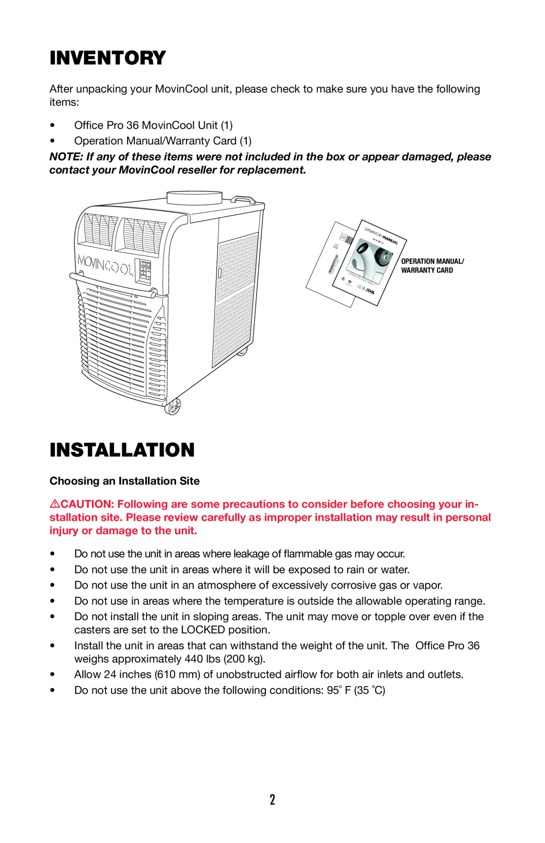 Denso OFFICE PRO 36 operation manual Inventory, Choosing an Installation Site 