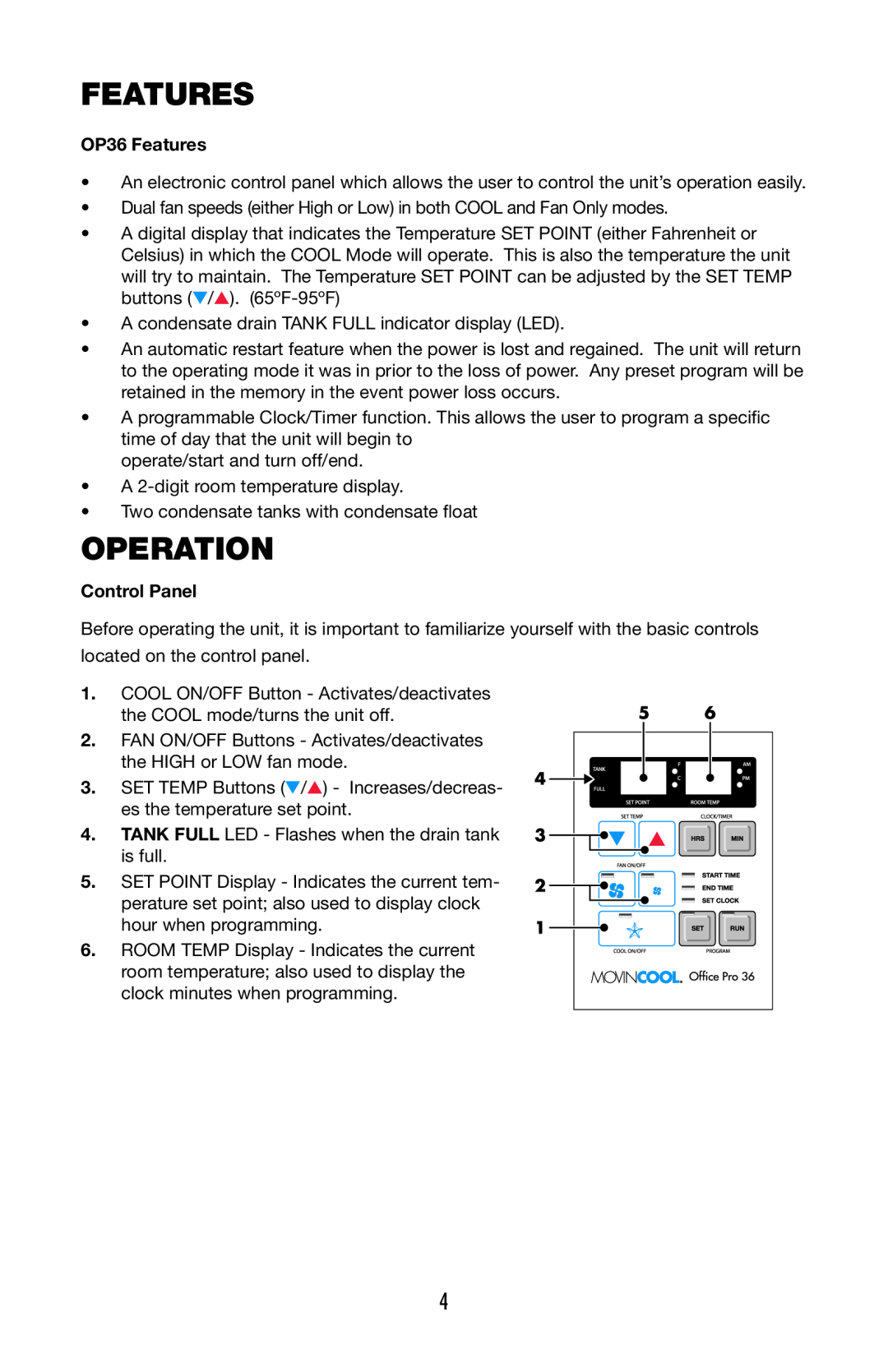Denso OFFICE PRO 36 operation manual Operation, OP36 Features, Control Panel 