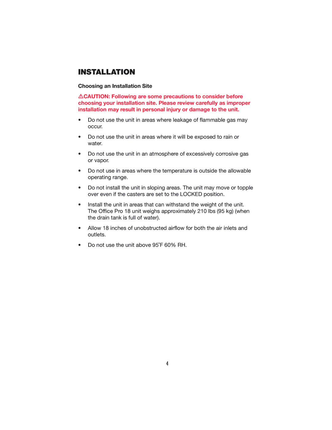 Denso PRO 18 operation manual Choosing an Installation Site 