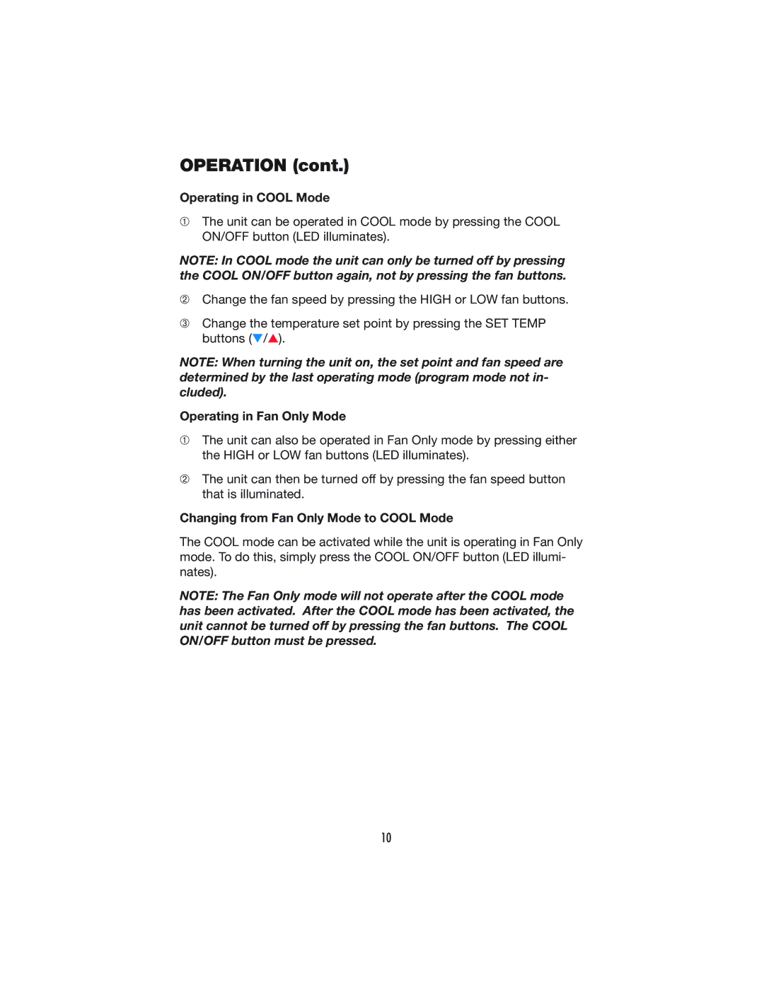 Denso PRO 18 operation manual Operating in Cool Mode, Operating in Fan Only Mode, Changing from Fan Only Mode to Cool Mode 