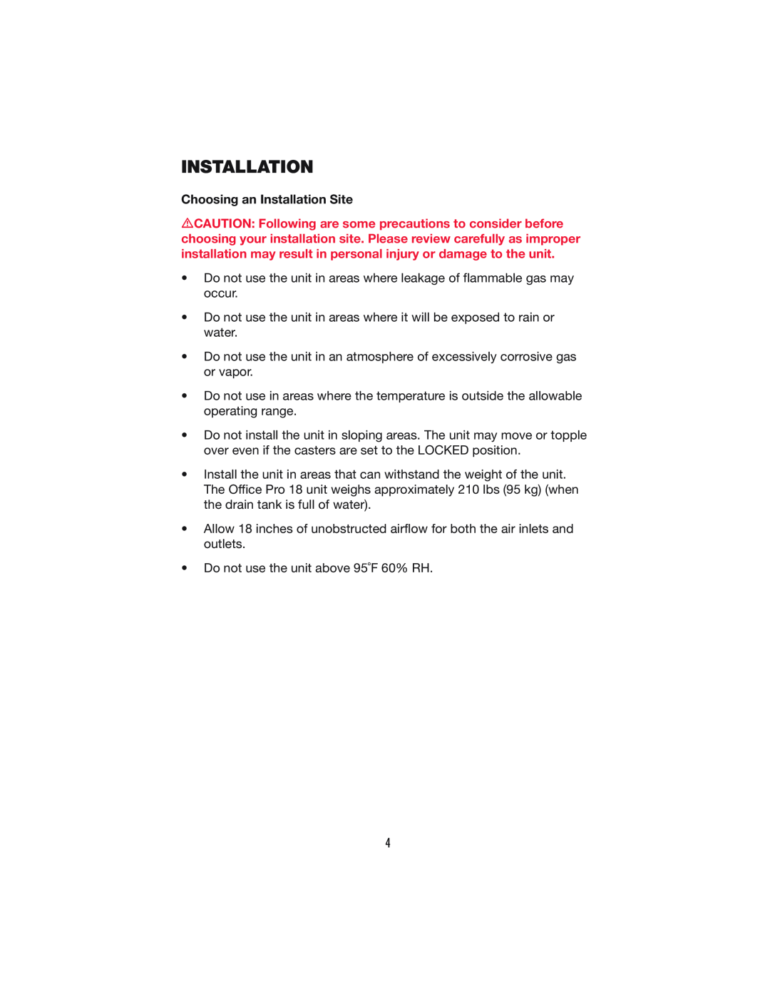 Denso PRO 18 operation manual Choosing an Installation Site 