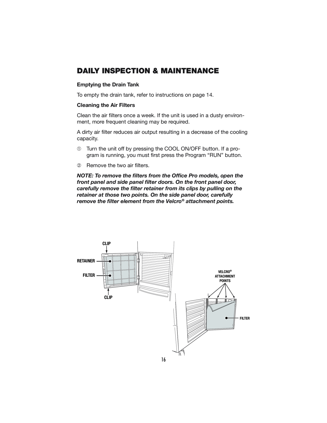 Denso PRO 18 operation manual Daily Inspection & Maintenance, Cleaning the Air Filters, Emptying the Drain Tank 