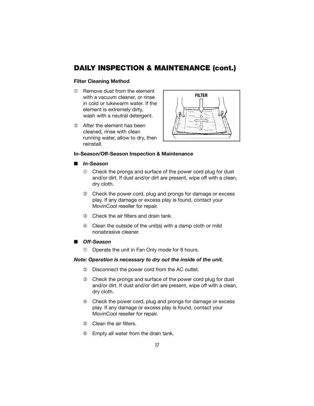 Denso PRO 18 DAILY INSPECTION & MAINTENANCE cont, Filter Cleaning Method, In-Season/Off-SeasonInspection & Maintenance 