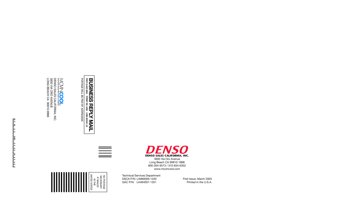 Denso PRO 18 Denso Sales California, Inc, Via Oro Avenue, Technical Services Department, DSCA P/N LA990009-1220 
