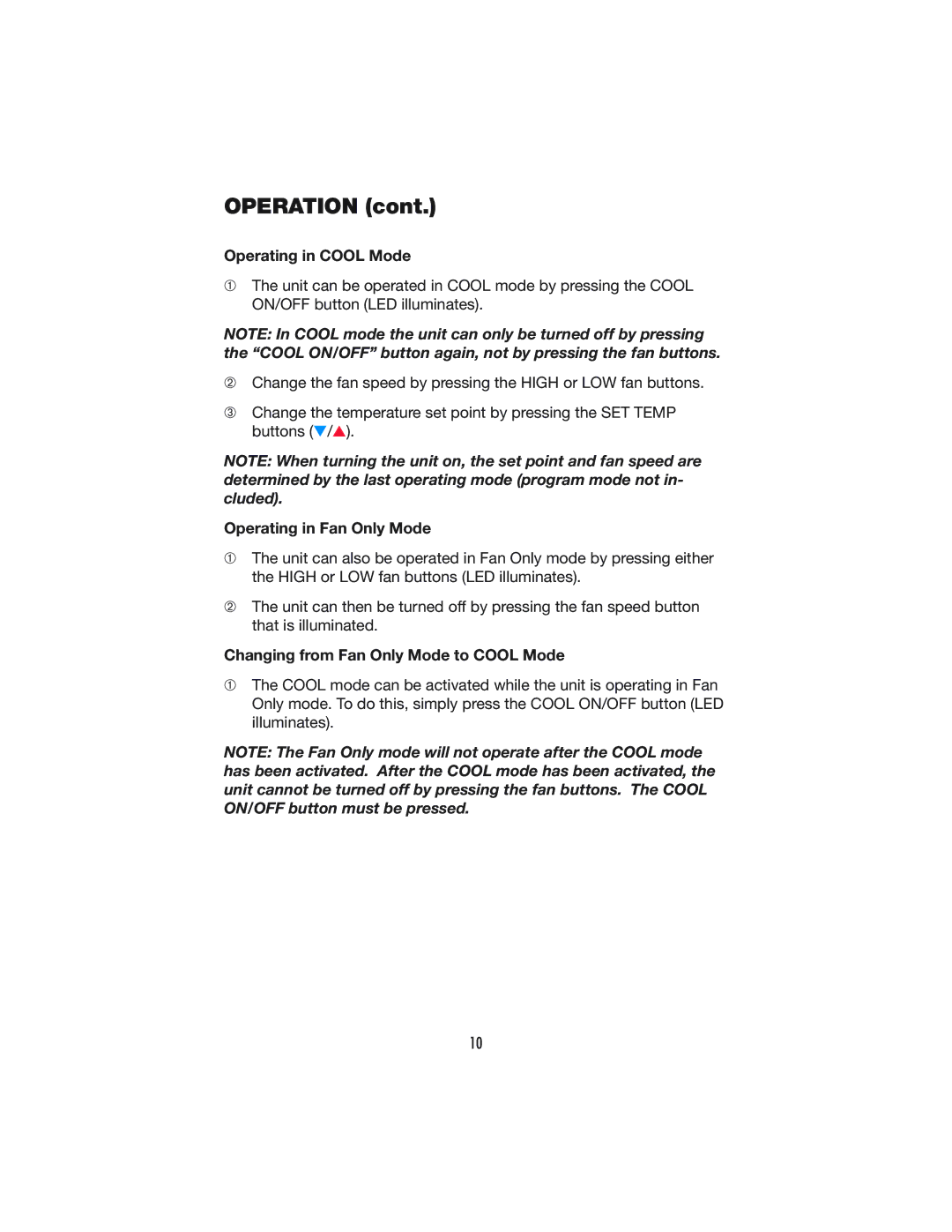 Denso PRO 60 operation manual Operating in Cool Mode, Operating in Fan Only Mode, Changing from Fan Only Mode to Cool Mode 