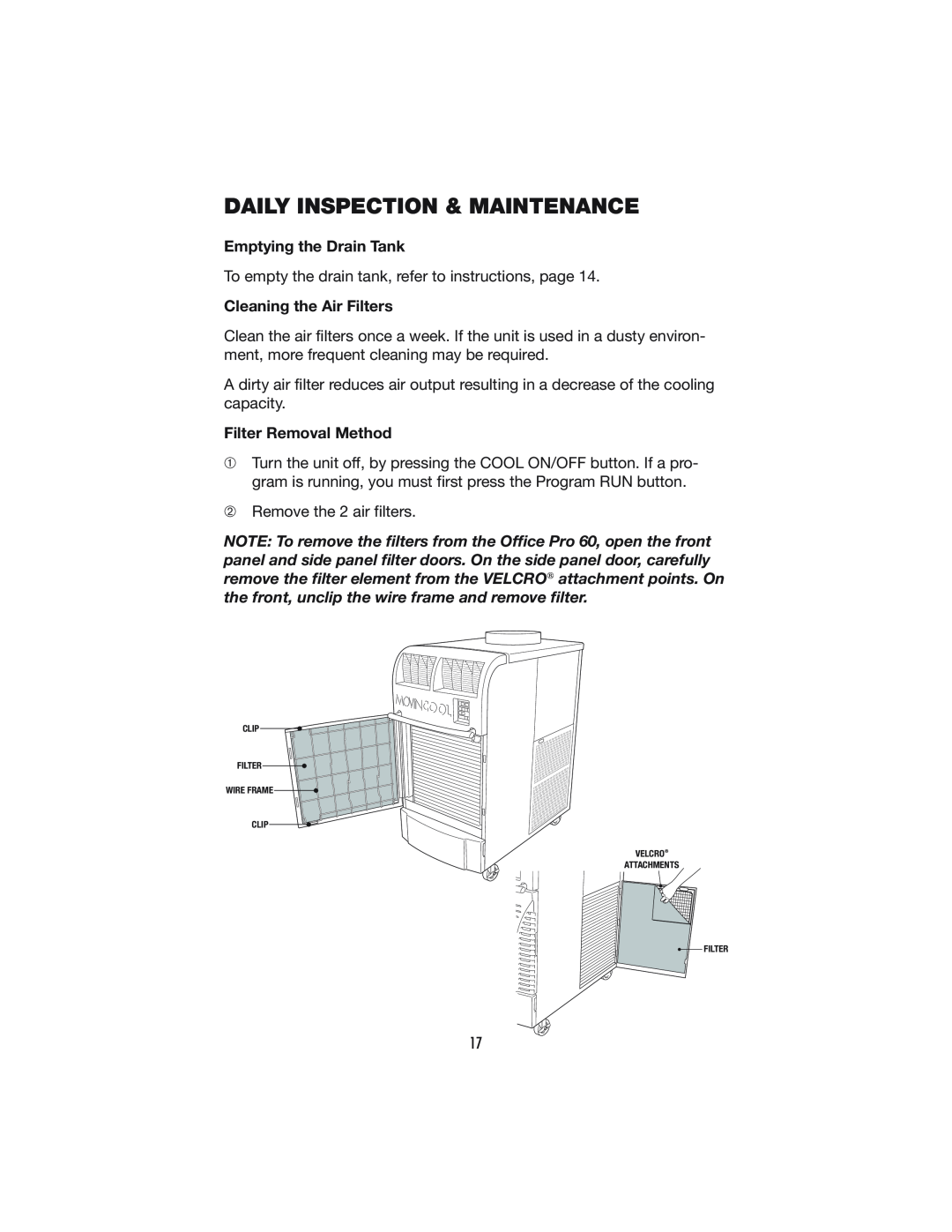 Denso PRO 60 Daily Inspection & Maintenance, Emptying the Drain Tank, Cleaning the Air Filters, Filter Removal Method 