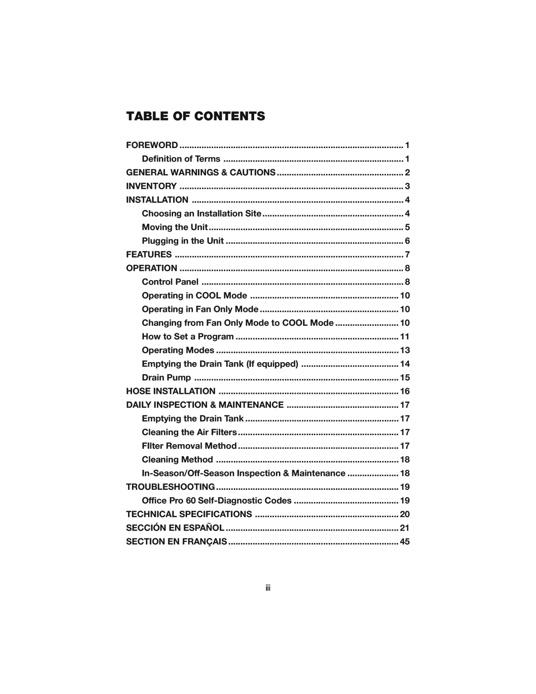Denso PRO 60 operation manual Table Of Contents, In-Season/Off-SeasonInspection & Maintenance 