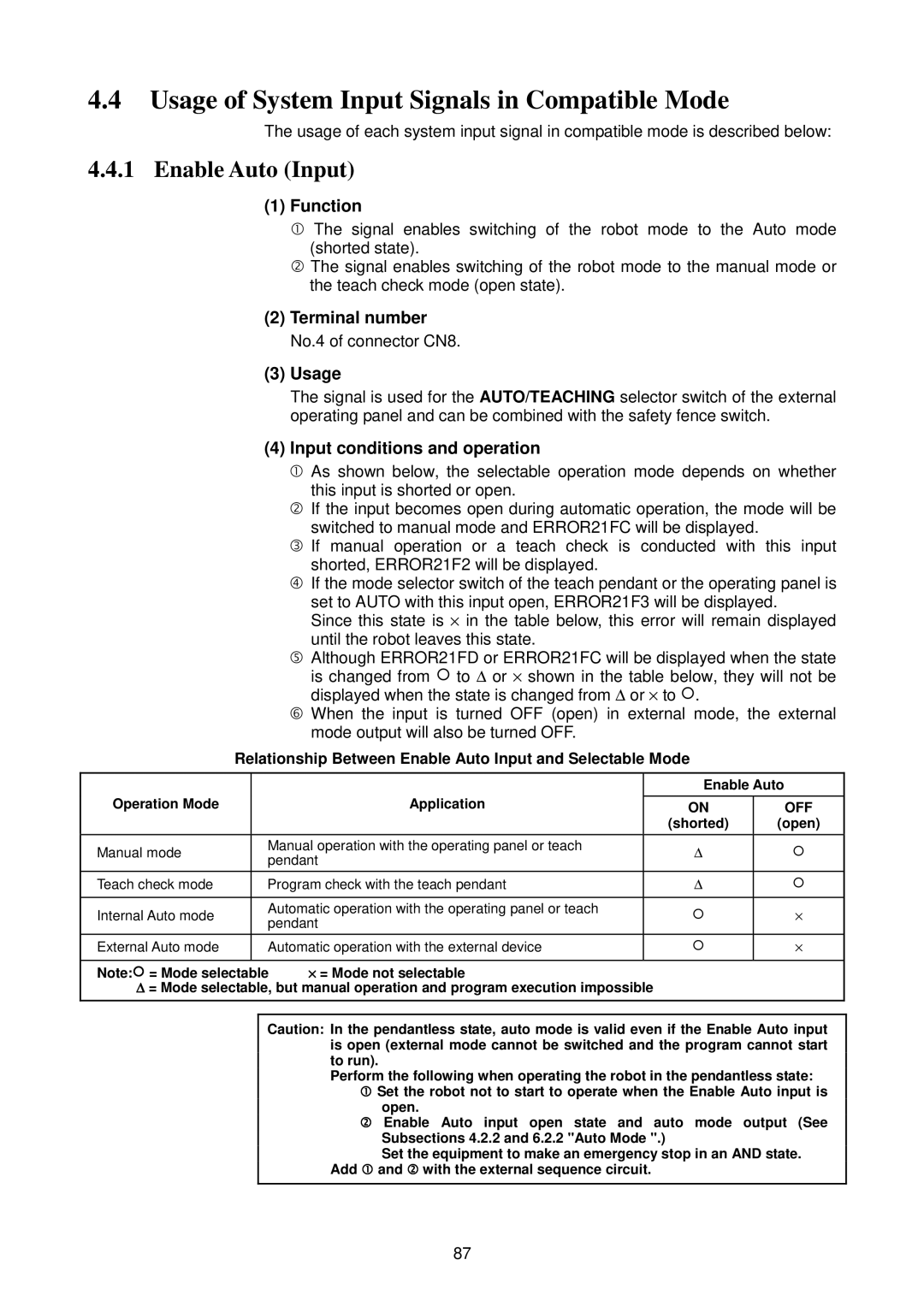 Denso RC5 manual Usage of System Input Signals in Compatible Mode, Off 