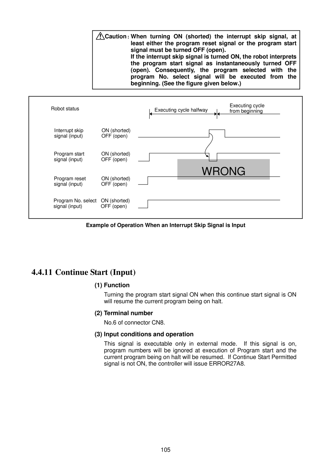 Denso RC5 manual Continue Start Input, Example of Operation When an Interrupt Skip Signal is Input 