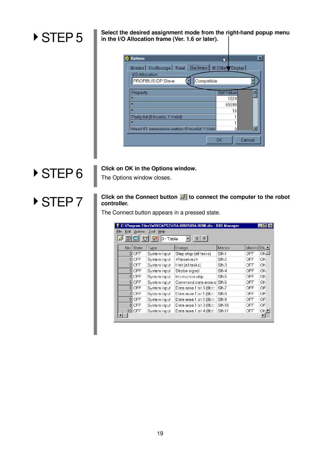 Denso RC5 manual Options window closes, Connect button appears in a pressed state 