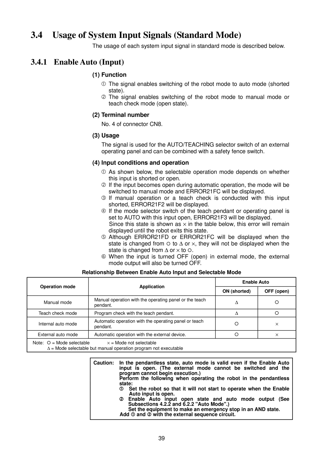 Denso RC5 manual Usage of System Input Signals Standard Mode, Enable Auto Input, Input conditions and operation 