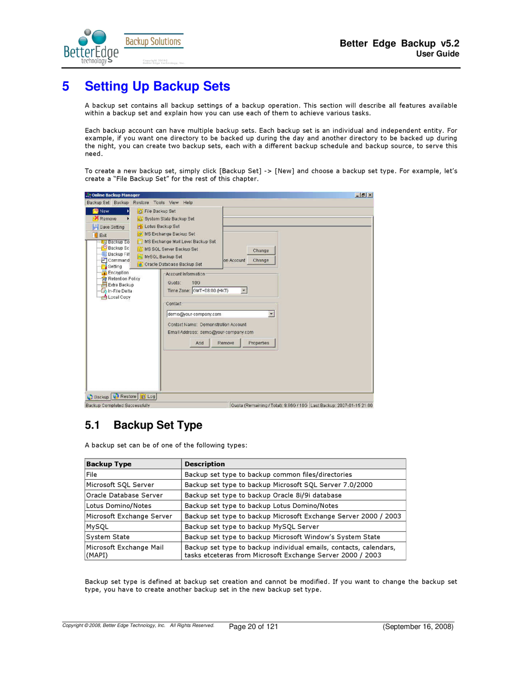 Deonet Backup Solutions 5.2.7.0 manual Setting Up Backup Sets, Backup Set Type 