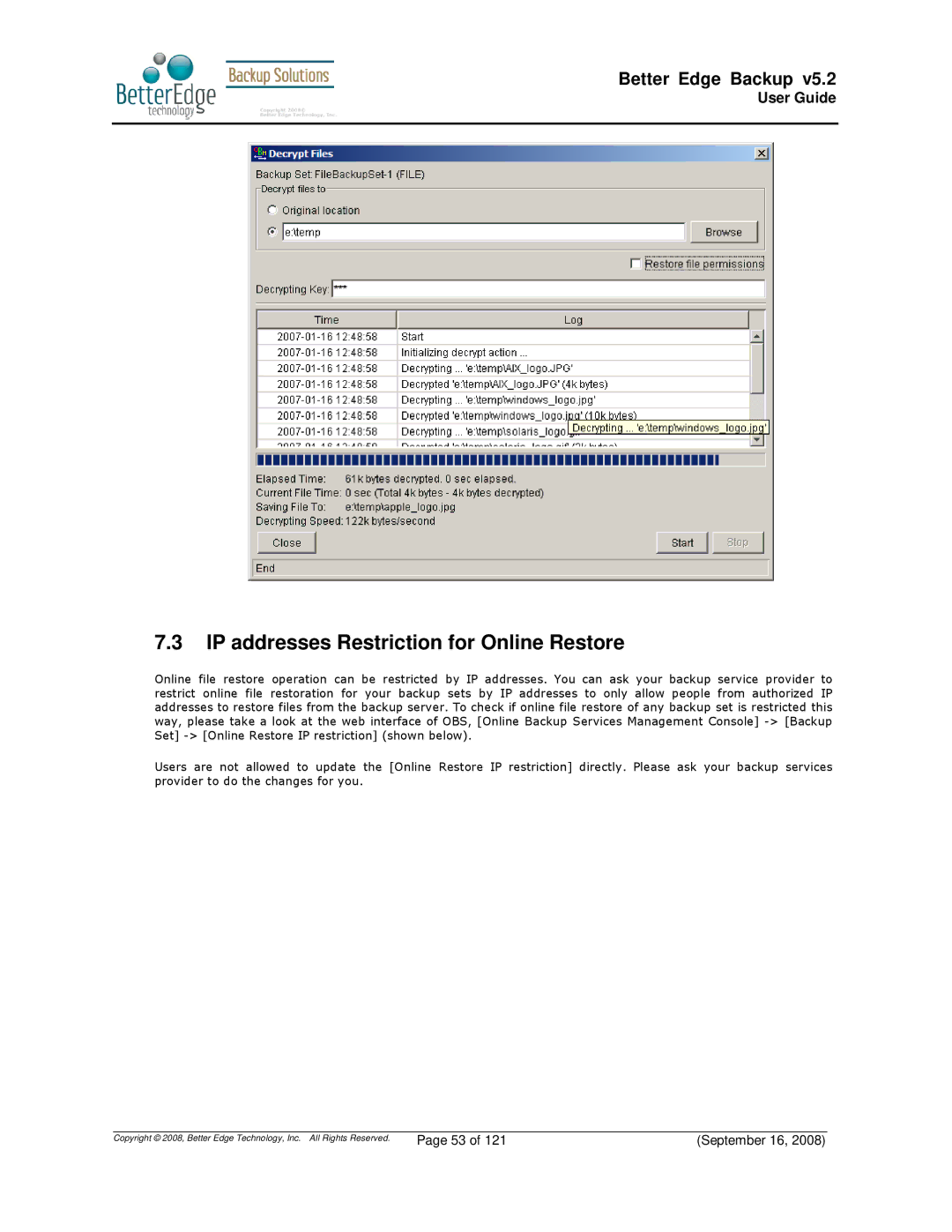 Deonet Backup Solutions 5.2.7.0 manual IP addresses Restriction for Online Restore 