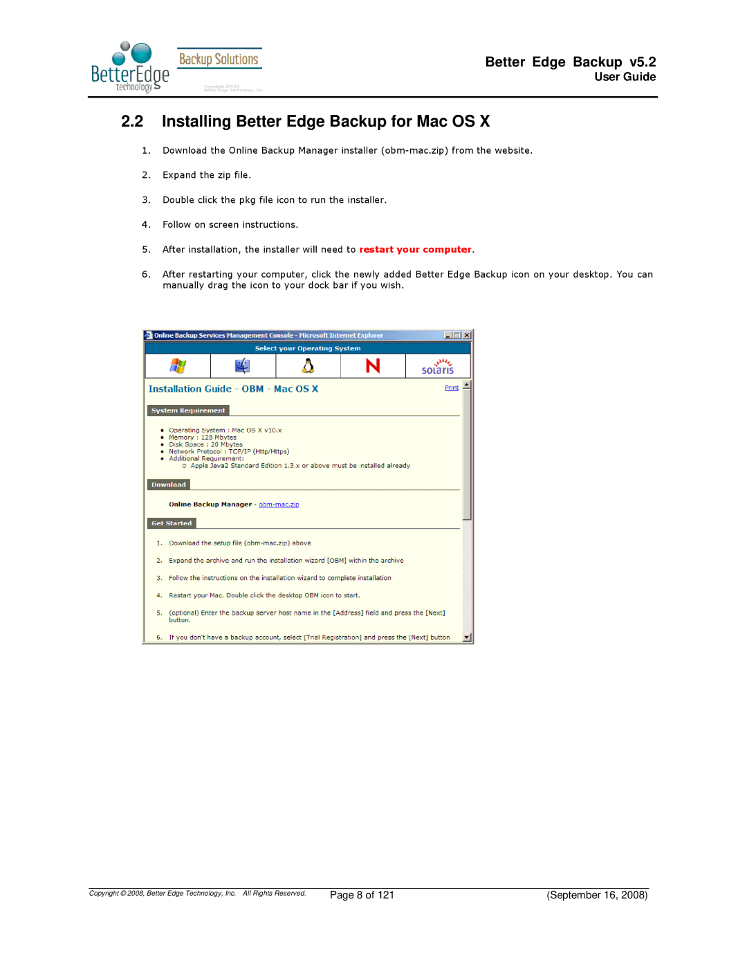 Deonet Backup Solutions 5.2.7.0 manual Installing Better Edge Backup for Mac OS 