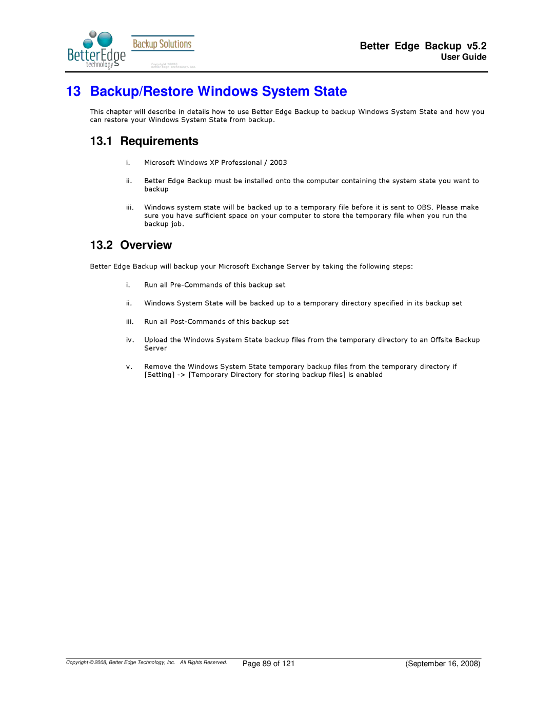 Deonet Backup Solutions 5.2.7.0 manual Backup/Restore Windows System State, Requirements 