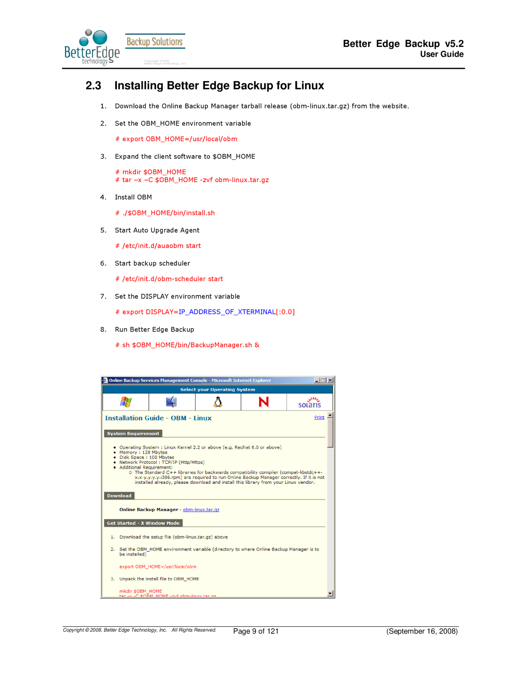 Deonet Backup Solutions 5.2.7.0 manual Installing Better Edge Backup for Linux, # /etc/init.d/obm-scheduler start 