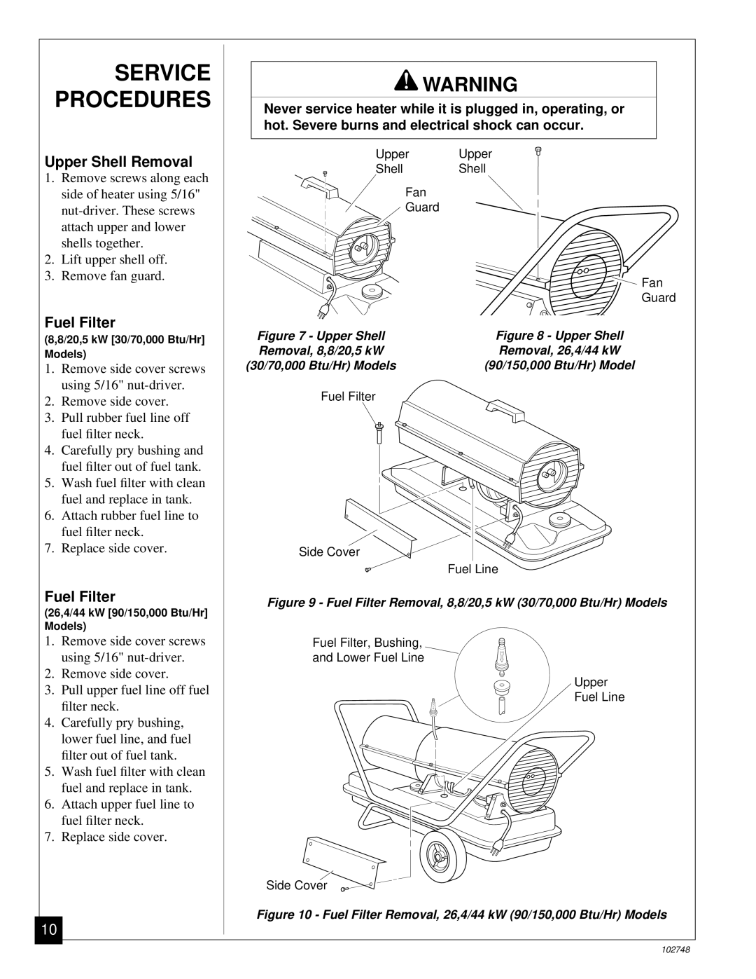 Desa 000) 20, 000) 26 owner manual Service Procedures, Upper Shell Removal, Fuel Filter 