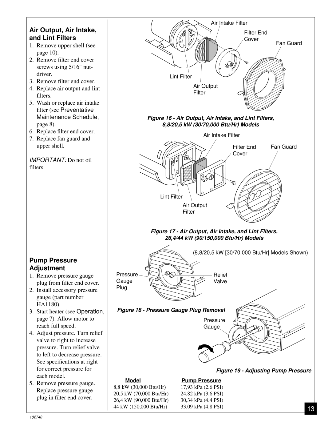 Desa 000) 26, 000) 20 owner manual Air Output, Air Intake, and Lint Filters, Pump Pressure Adjustment 