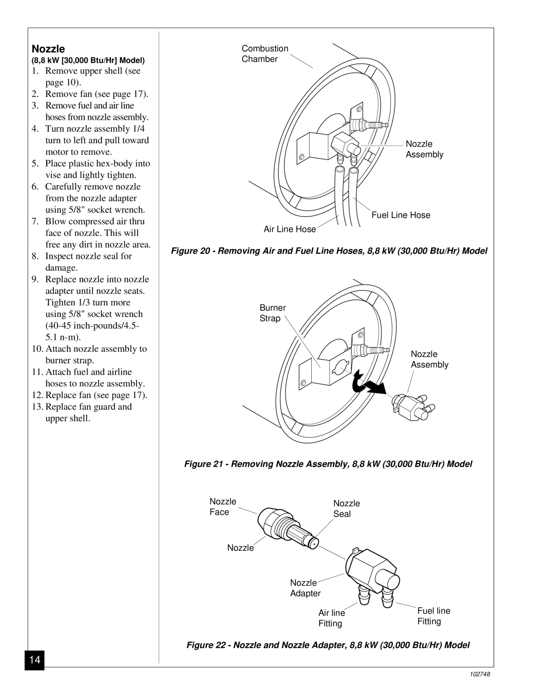 Desa 000) 20, 000) 26 owner manual Nozzle, Removing Air and Fuel Line Hoses, 8,8 kW 30,000 Btu/Hr Model 