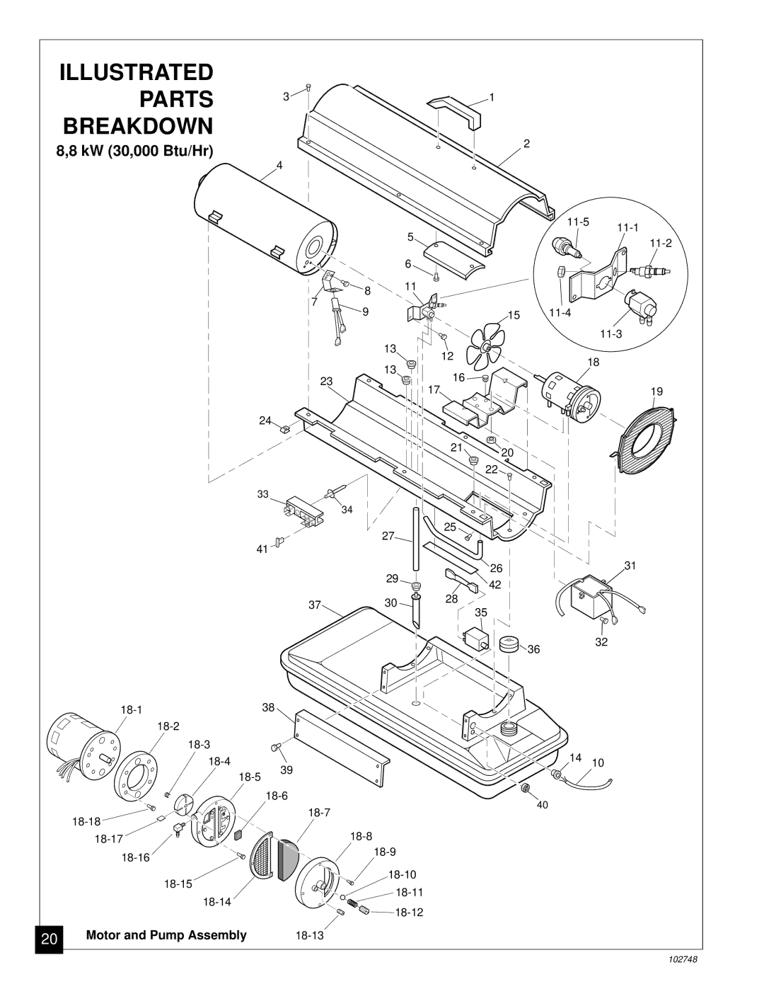 Desa 000) 20, 000) 26 owner manual Parts Breakdown, KW 30,000 Btu/Hr 