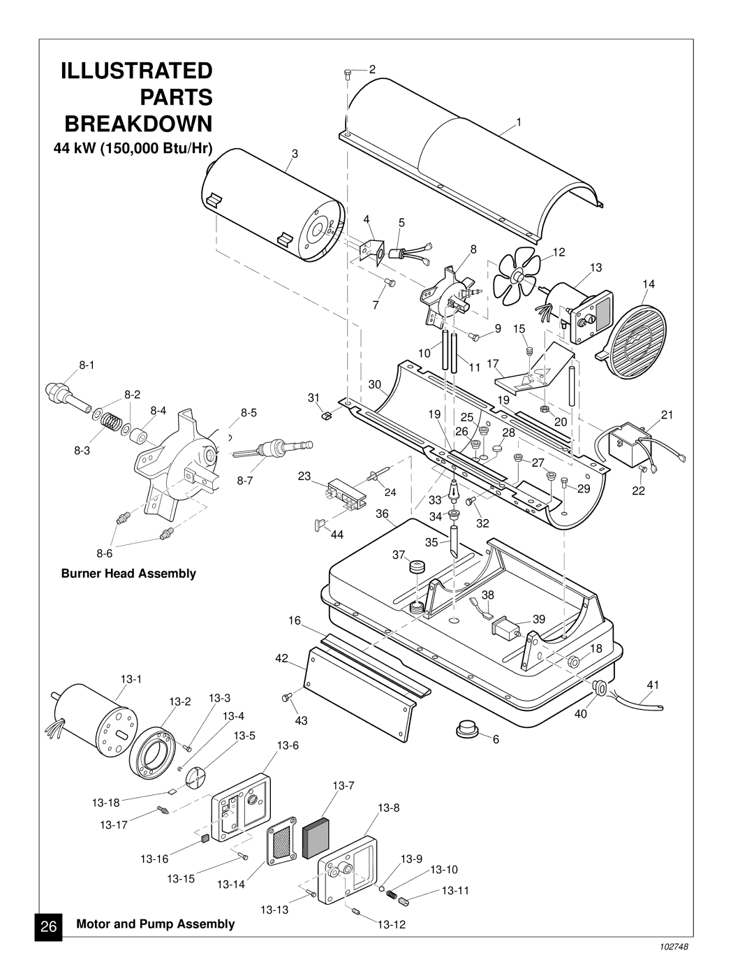 Desa 000) 20, 000) 26 owner manual Illustrated Parts Breakdown, 44 kW 150,000 Btu/Hr 