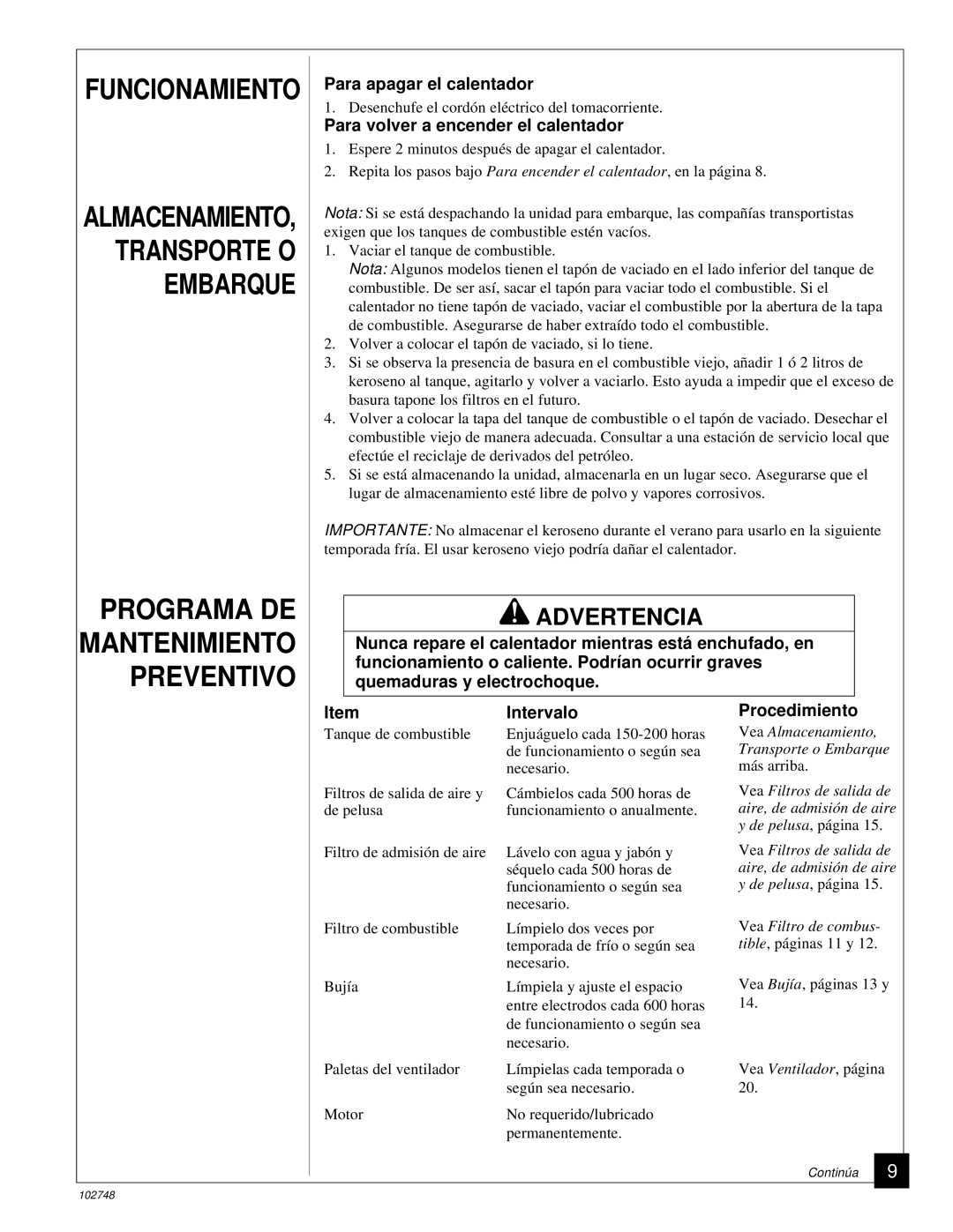 Desa 000) 26, 000) 20 owner manual Para apagar el calentador, Para volver a encender el calentador, Procedimiento 