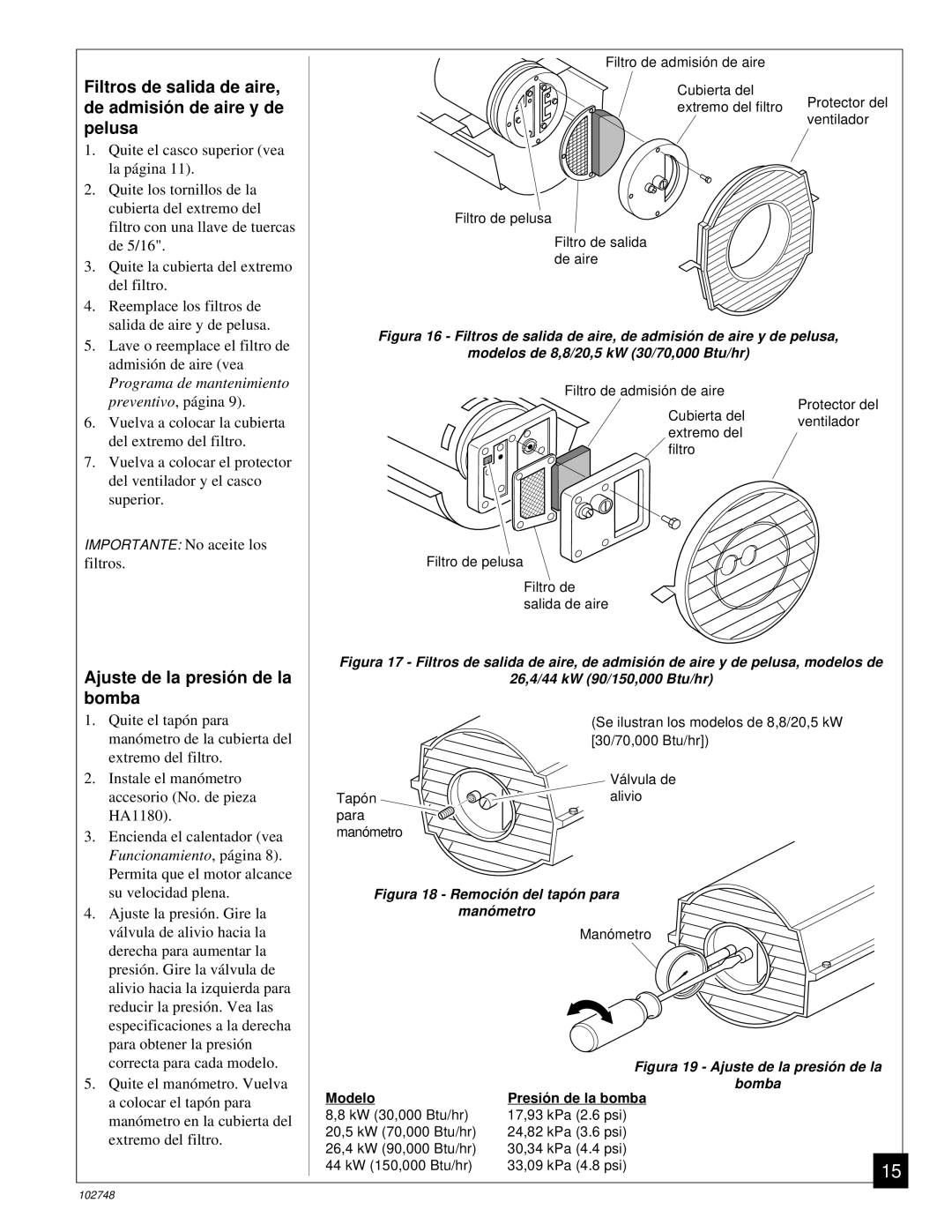 Desa 000) 26, 000) 20 Filtros de salida de aire, de admisió n de aire y de pelusa, Ajuste de la presió n de la bomba 