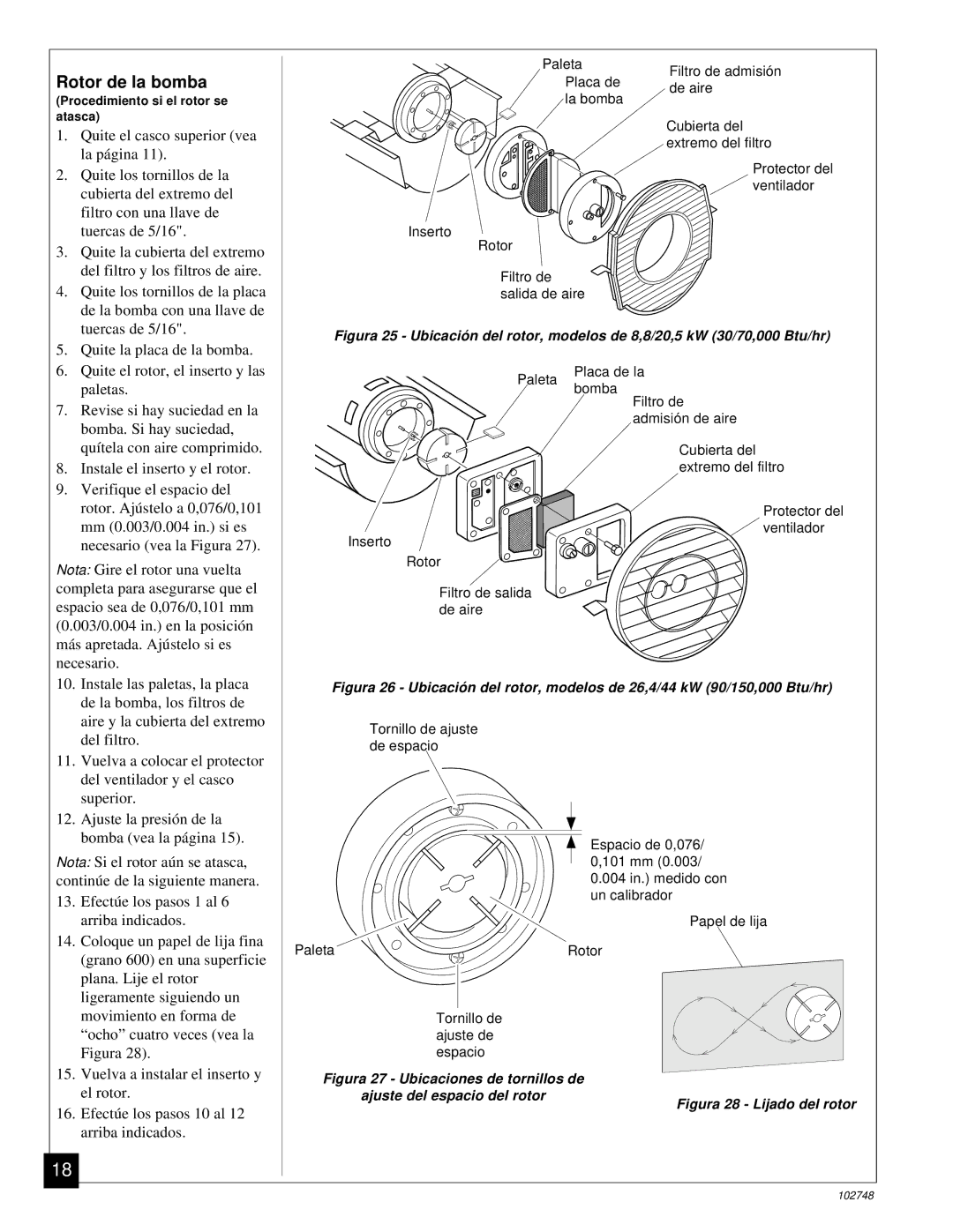 Desa 000) 20, 000) 26 owner manual Rotor de la bomba, Quite la placa de la bomba 