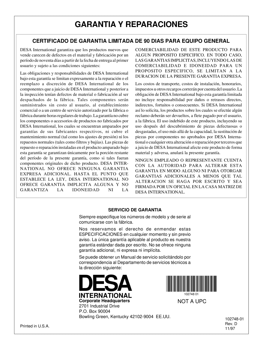 Desa 000) 20, 000) 26 owner manual Garantia Y Reparaciones, Servicio DE Garantia 