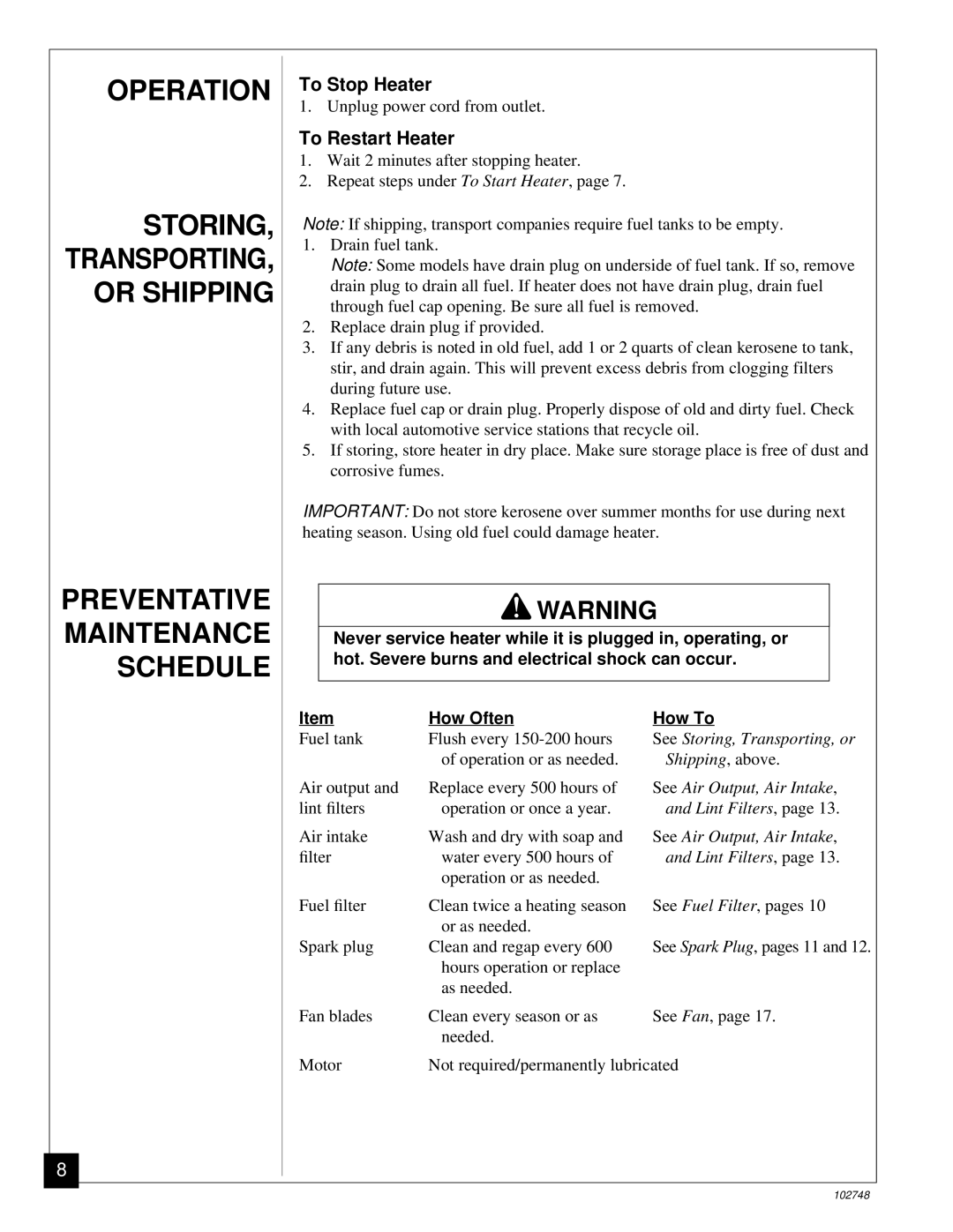 Desa 000) 20, 000) 26 owner manual Operation Storing, Preventative Maintenance Schedule, To Stop Heater, To Restart Heater 