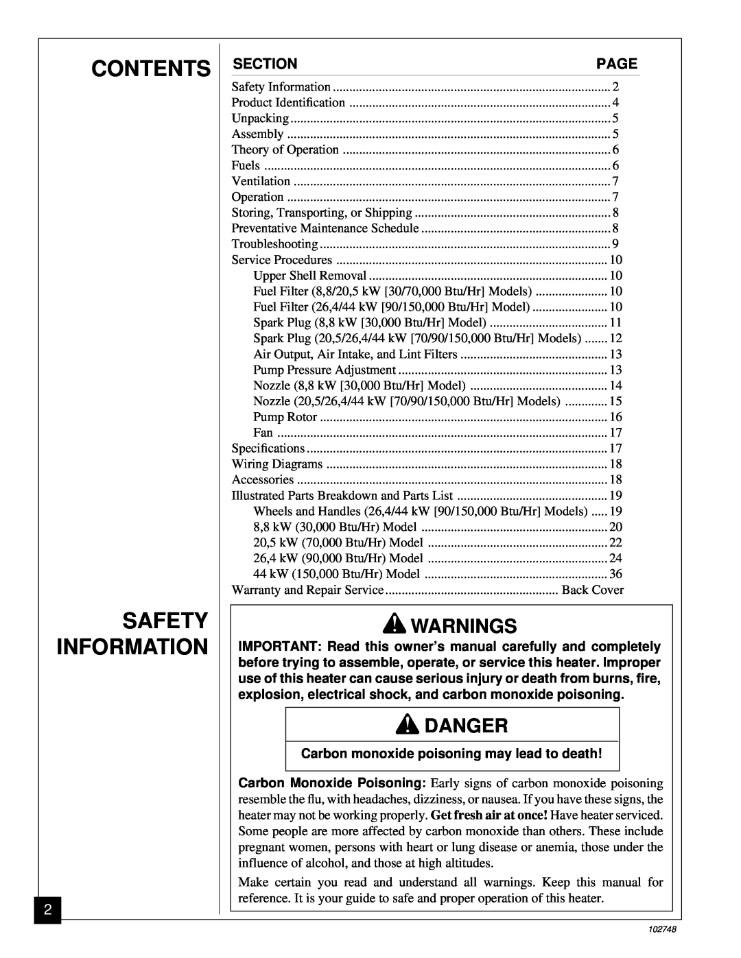 Desa 000) 20, 000) 26 owner manual Contents Safety Information, G 001 WARNINGS, Danger, Section, Page 