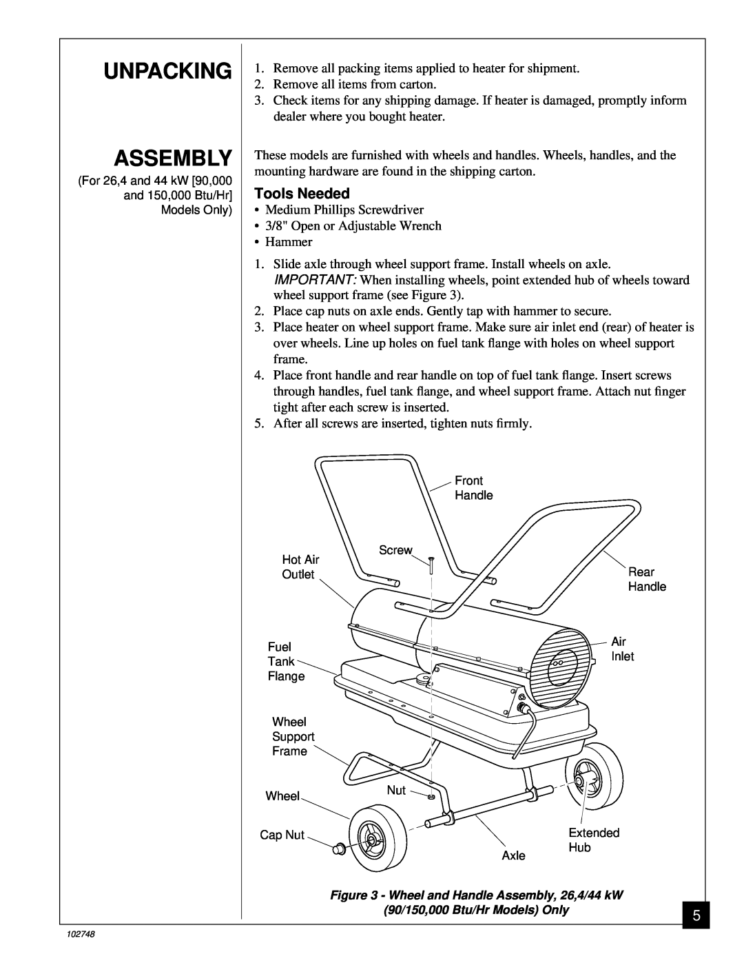 Desa 000) 26, 000) 20 owner manual Unpacking Assembly, Tools Needed 